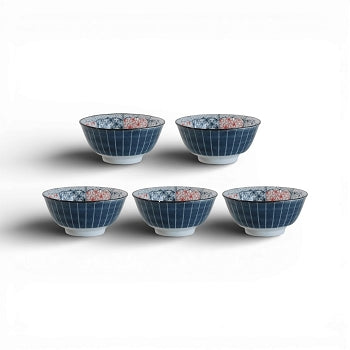 Set de 5 bols japonais Vague et Fuji en porcelaine bleu indigo