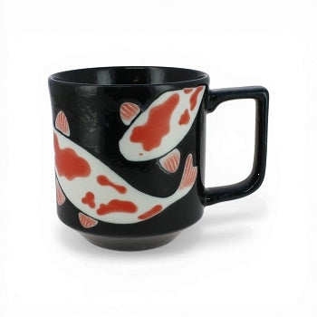 Tasse Koi noire en porcelaine avec anse et décor japonais rouge et blanc