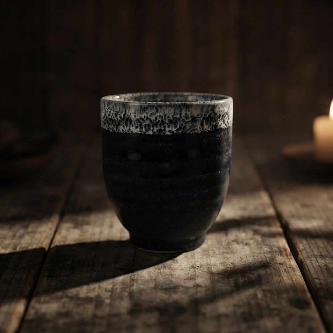 Tasse à thé japonaise en porcelaine bleu marine avec rebord bleu clair texturé sur table en bois.