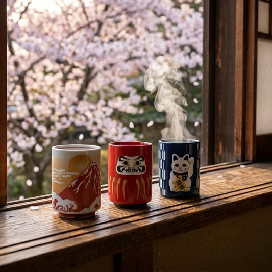 Ensemble des trois yunomi japonais à motifs traditionnels