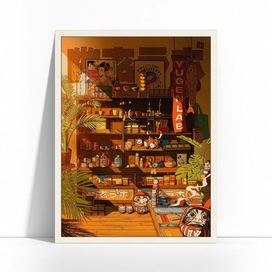 Affiche artistique Yugen lab illustrant une boutique japonaise avec lanternes, poupées Daruma et détails dorés chauds.