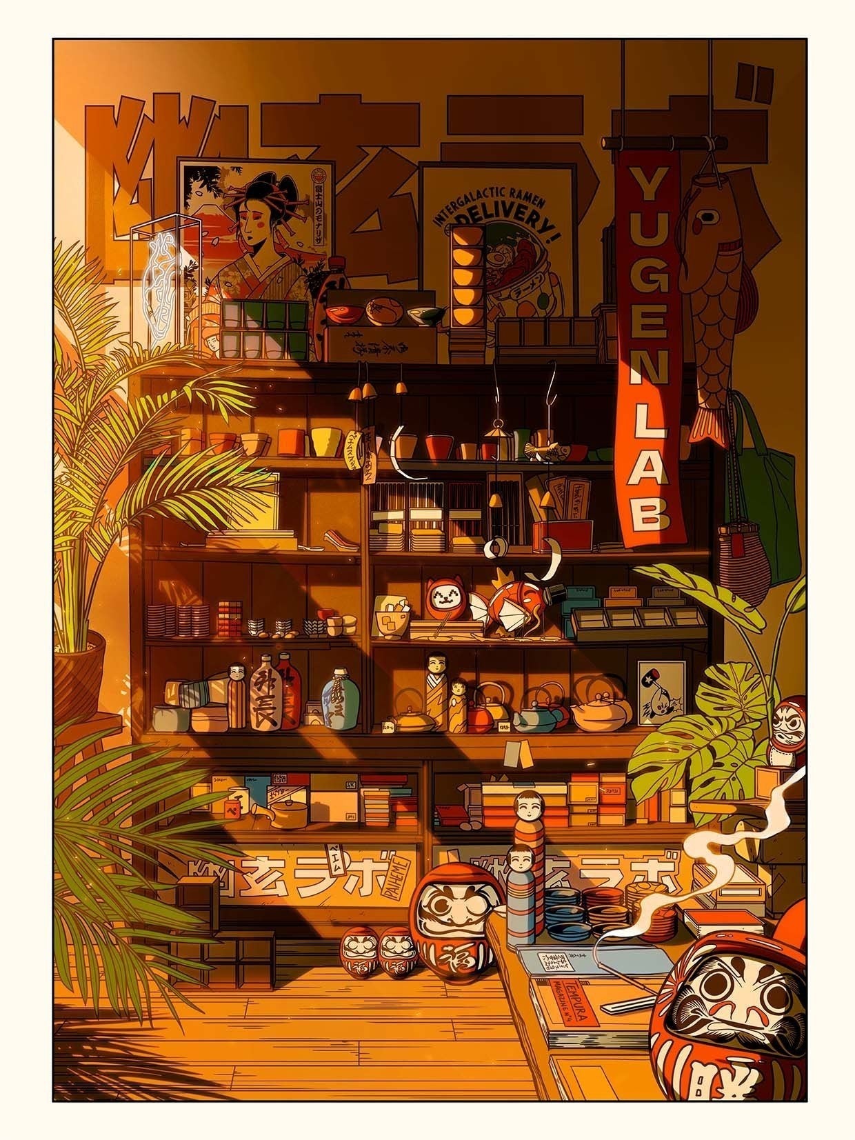 Affiche artistique Yugen lab illustrant l'intérieur d'une boutique japonaise avec des poupées Daruma et des lanternes.
