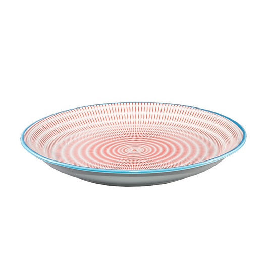 Assiette japonaise Yugen lab en céramique blanche avec motif de cercles concentriques rouges et bordure bleue