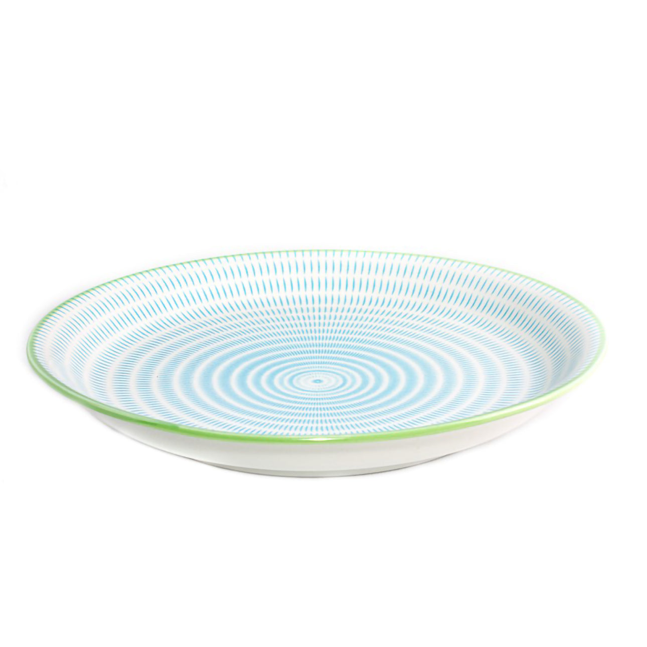 Assiette japonaise Yugen lab en céramique blanche avec motif de hachures circulaires à l'encre bleue et bord vert