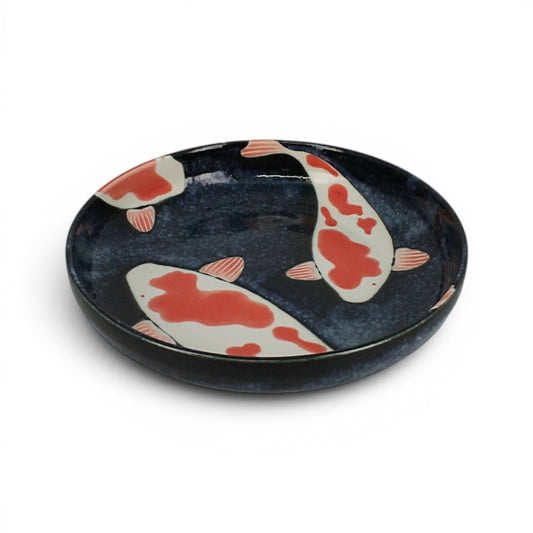 Assiette japonaise Yugen lab en céramique sombre avec motifs de poissons koï rouges et blancs