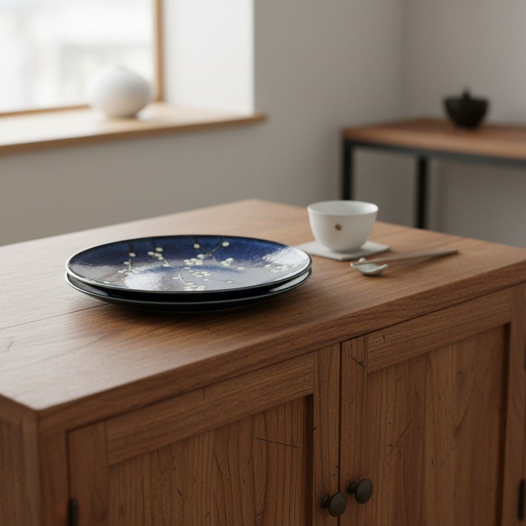 Set de 2 assiettes Yugen lab en céramique japonaise bleu profond avec motif de fleurs de cerisier blanc
