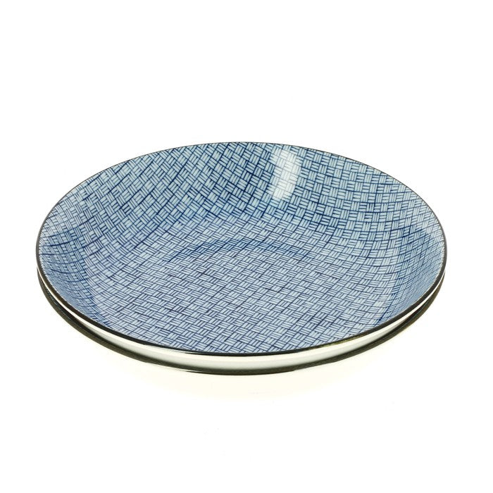 Set de 2 assiettes Yugen lab en céramique japonaise avec motif losange bleu sur fond blanc