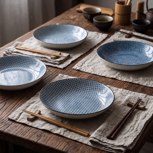 Japanese deep plates with fine blue patterns on a set table with linen placemats and chopsticks