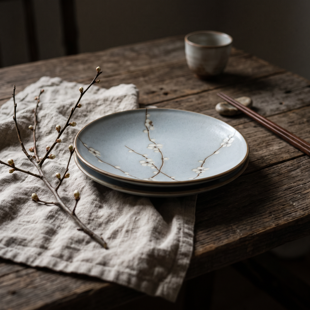 Assiettes creuses japonaises bleu clair à branches de prunier sur une nappe en lin, près d'une branche fleurie