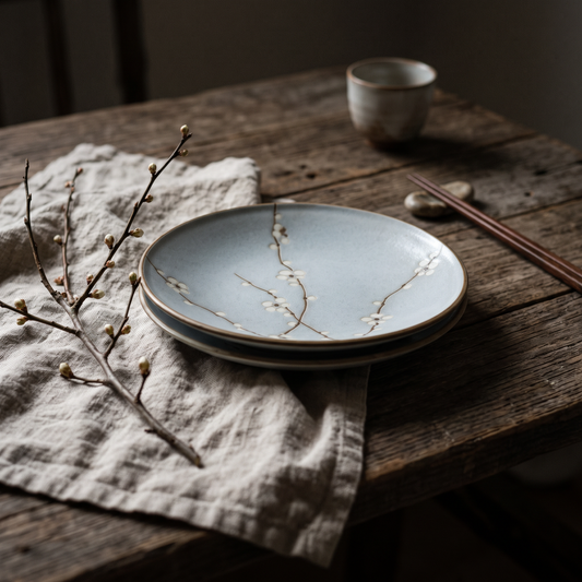 Light blue Japanese deep plates with plum branches on a linen tablecloth, next to a flowering branch