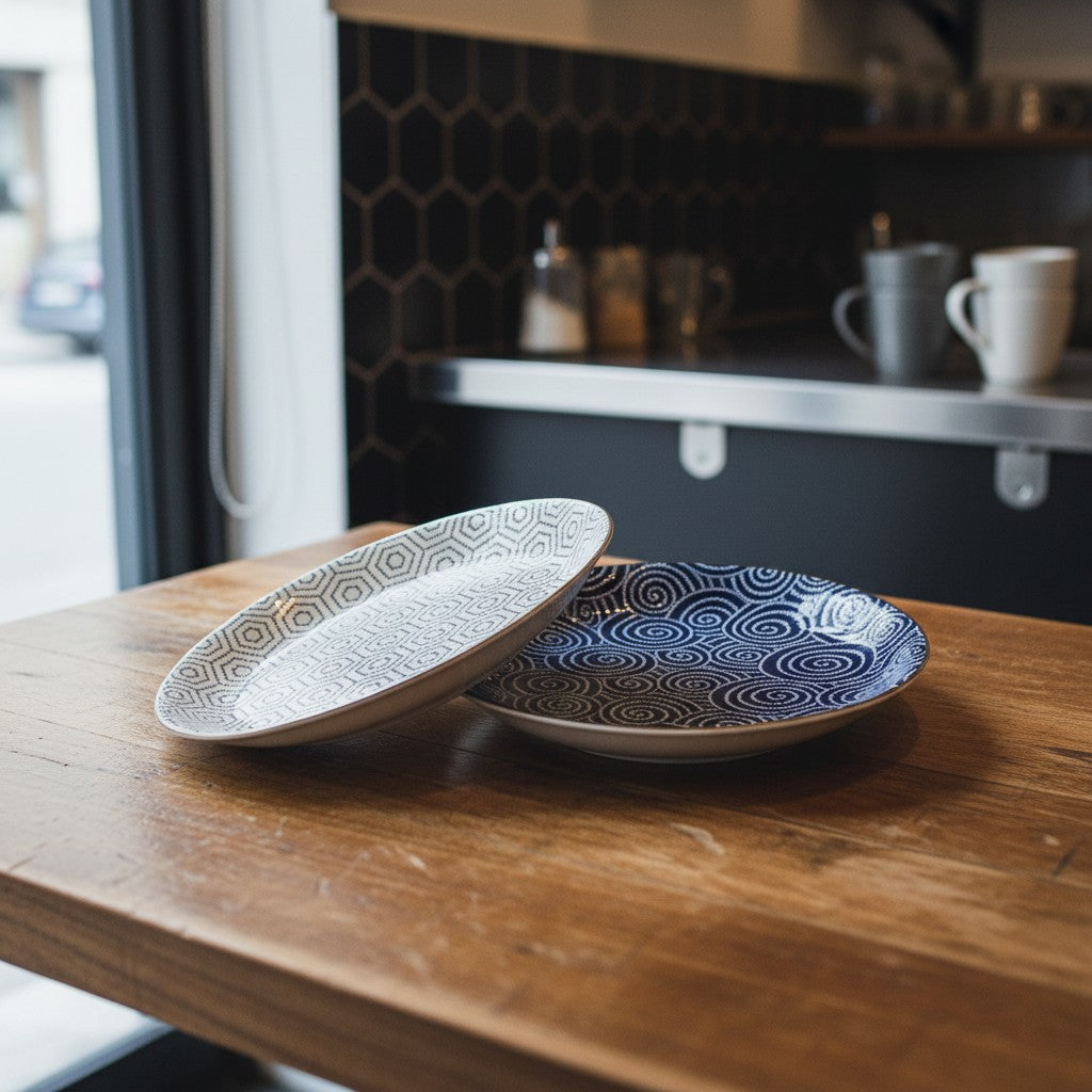 Set de 2 assiettes japonaises Yugen lab en céramique blanche et bleue avec motifs géométriques et circulaires