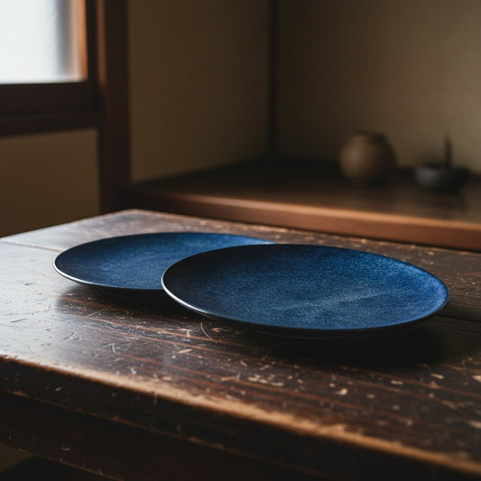 Set de 2 assiettes Yugen lab bleu marine de style japonais posées sur une table en bois rustique
