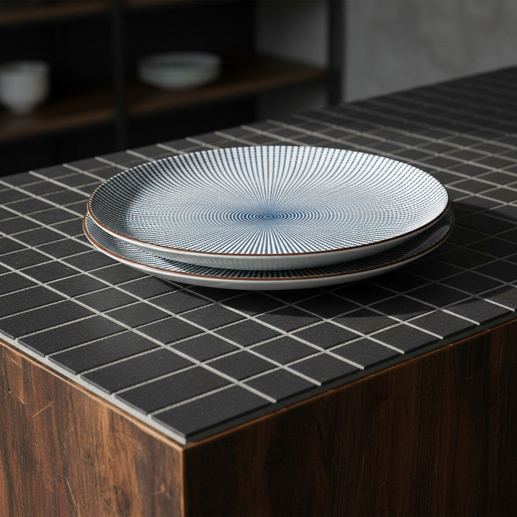 Set de 2 assiettes japonaises Yugen lab en céramique blanche et bleue avec motif tokusa rayé sur un comptoir carrelé