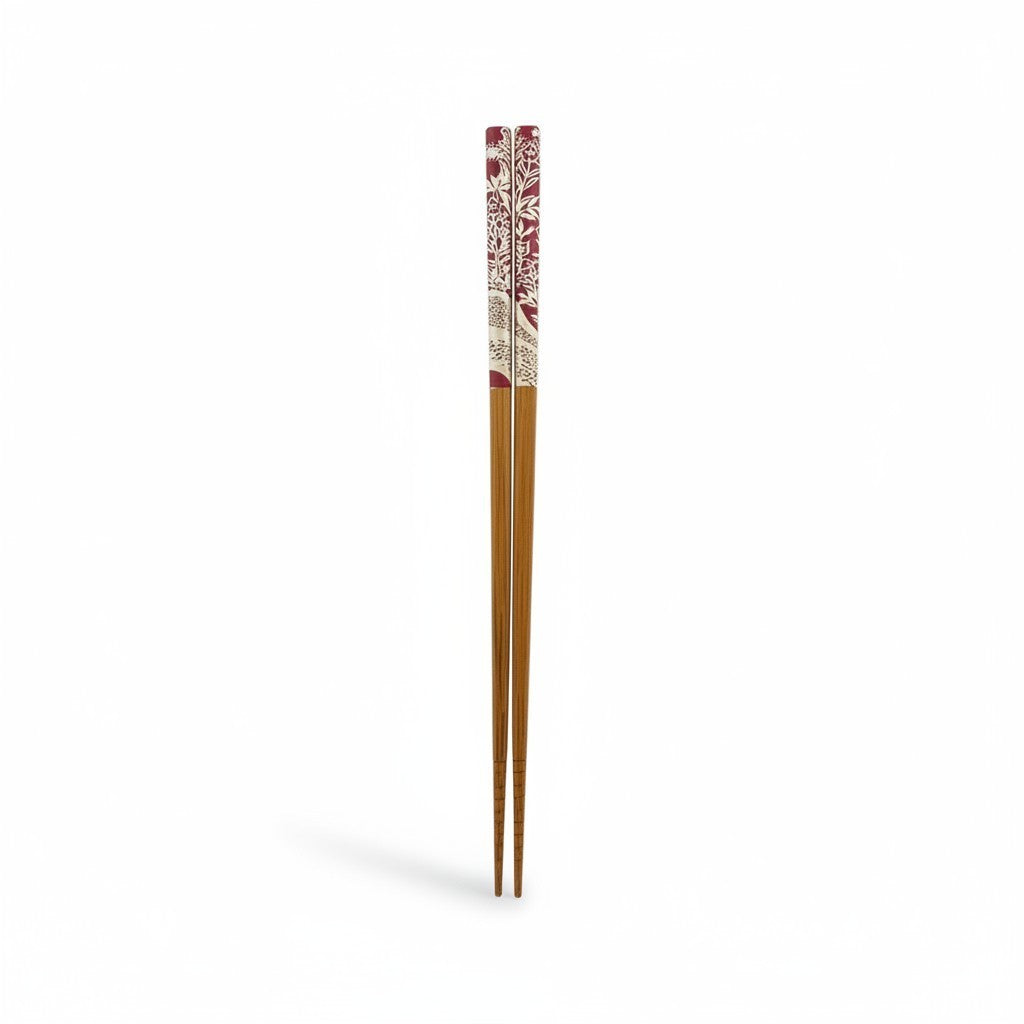 Paire de baguettes japonaises Yugen lab en bois avec motifs floraux peints à la main dans les tons rouge et blanc