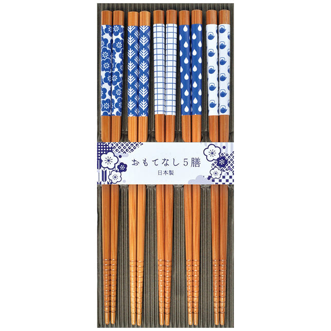 Set de 5 paires de baguettes japonaises Yugen lab en bois avec motifs traditionnels bleus et blancs