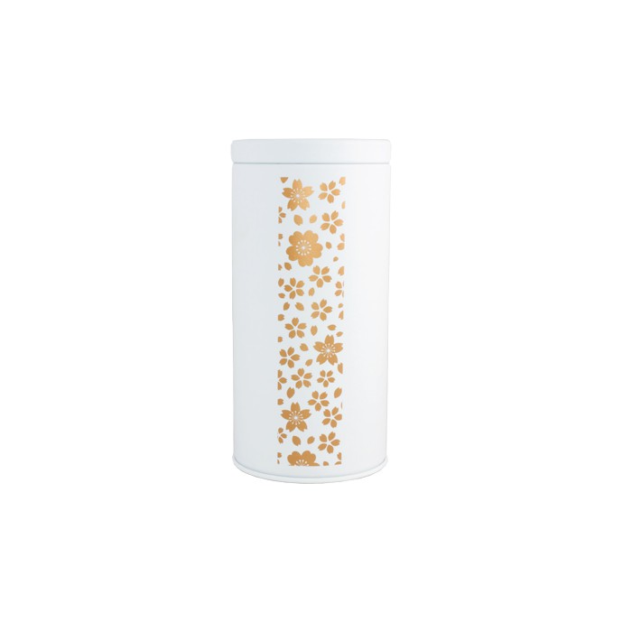 Boîte à thé Yugen lab en fer-blanc blanc avec motif floral japonais doré, fermeture hermétique pour 200g de thé