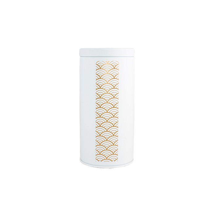 Boîte à thé Yugen lab en fer-blanc blanc avec motif japonais doré, fermeture hermétique pour 200g de thé