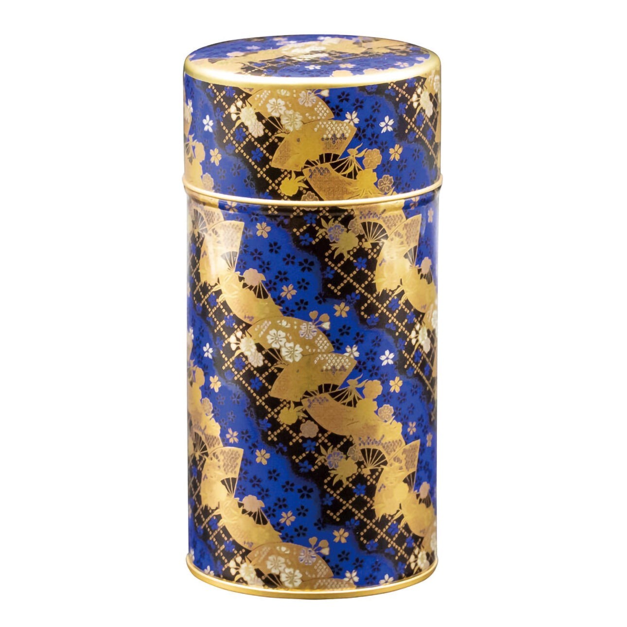 Boîte à thé Yugen lab bleue avec motifs japonais dorés de fleurs et d'éventails, fabriquée au Japon