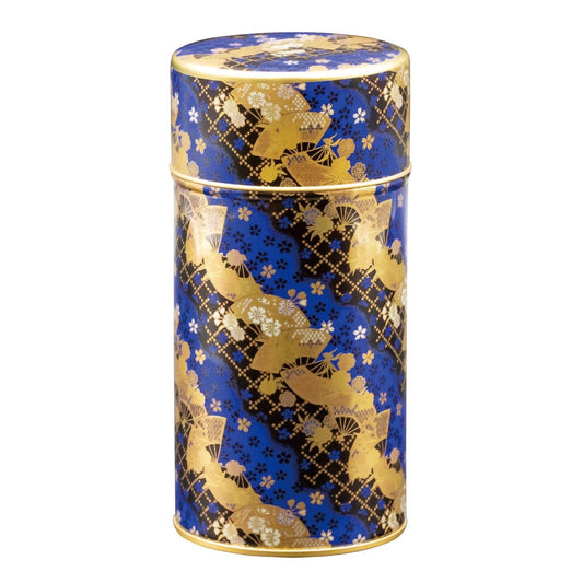 Boîte à thé Yugen lab bleue avec motifs japonais dorés de fleurs et d'éventails, fabriquée au Japon