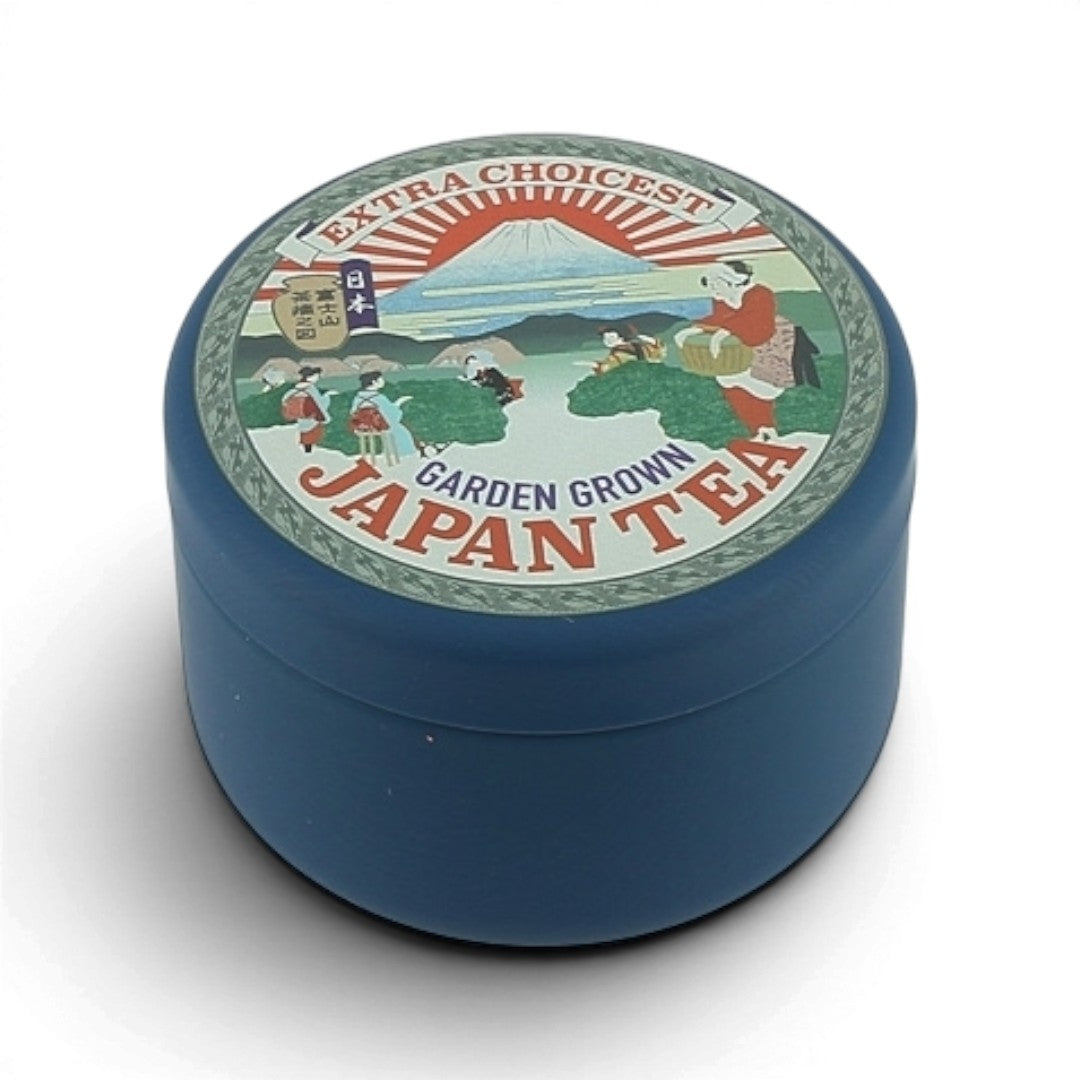 Boîte à thé Yugen lab en fer blanc bleu avec illustration vintage du mont Fuji sur le couvercle, style japonais.