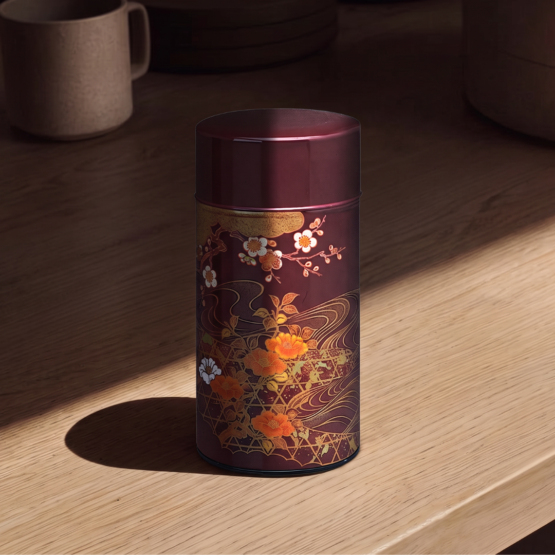 Boîte à thé Yugen lab bordeaux en fer blanc avec motifs floraux dorés et orangés, style japonais traditionnel.