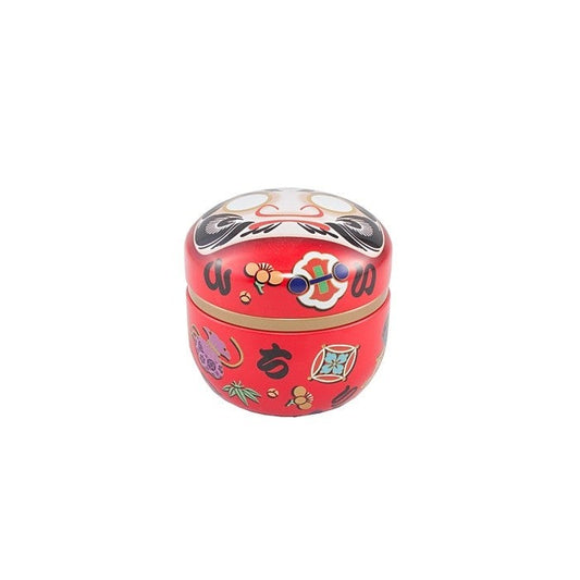 Boîte à thé Yugen lab en fer blanc rouge avec motifs de poupées daruma japonaises et couvercle hermétique