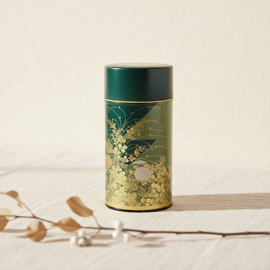Boîte à thé japonaise Yugen lab en fer blanc vert avec motifs floraux dorés ciselés et couvercle hermétique