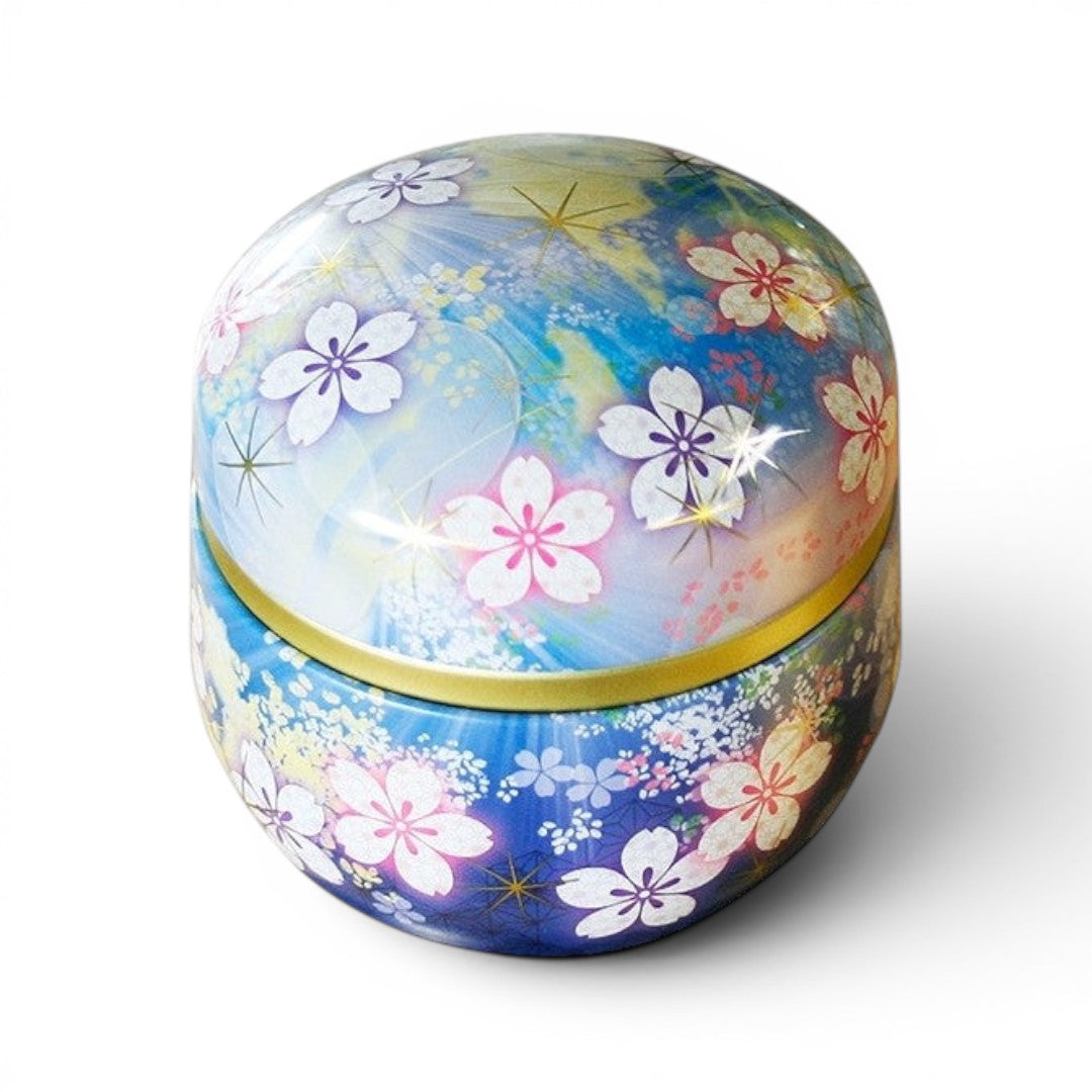 Boîte à thé Yugen lab en fer blanc ronde avec motifs de fleurs de cerisier colorées et couvercle hermétique