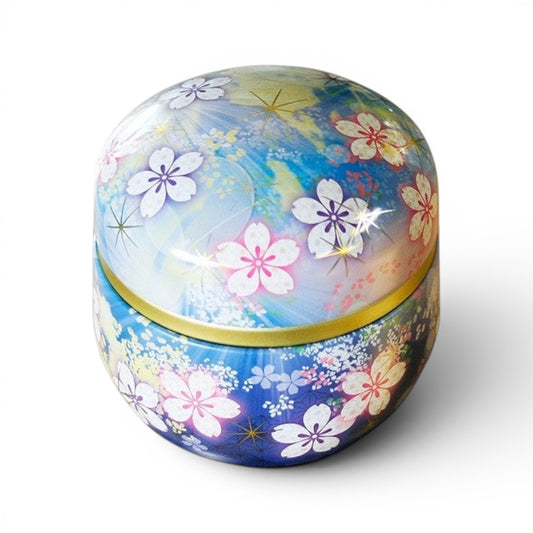 Boîte à thé Yugen lab en fer blanc ronde avec motifs de fleurs de cerisier colorées et couvercle hermétique
