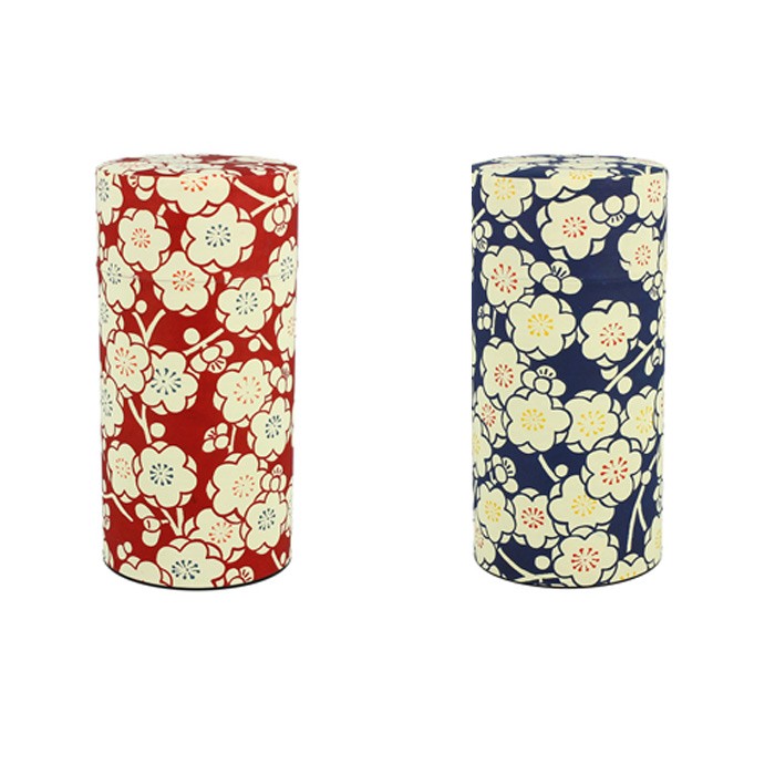 Boîtes à thé japonaises Yugen lab cylindriques avec motif floral traditionnel en rouge et bleu pour 200g de thé