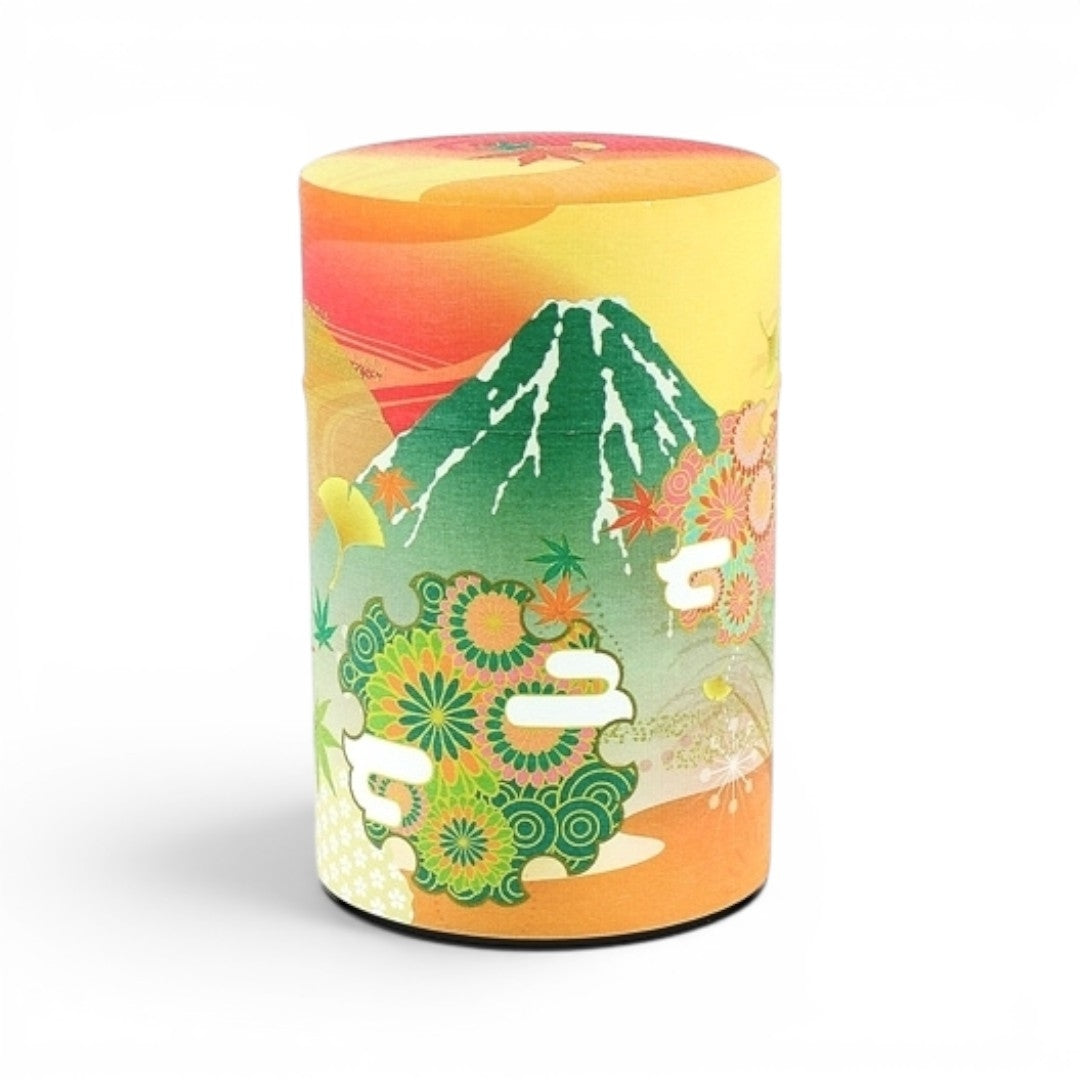 Boîte à thé japonaise Yugen lab modèle Fujisan orange en fer blanc avec motif mont Fuji et fleurs traditionnelles