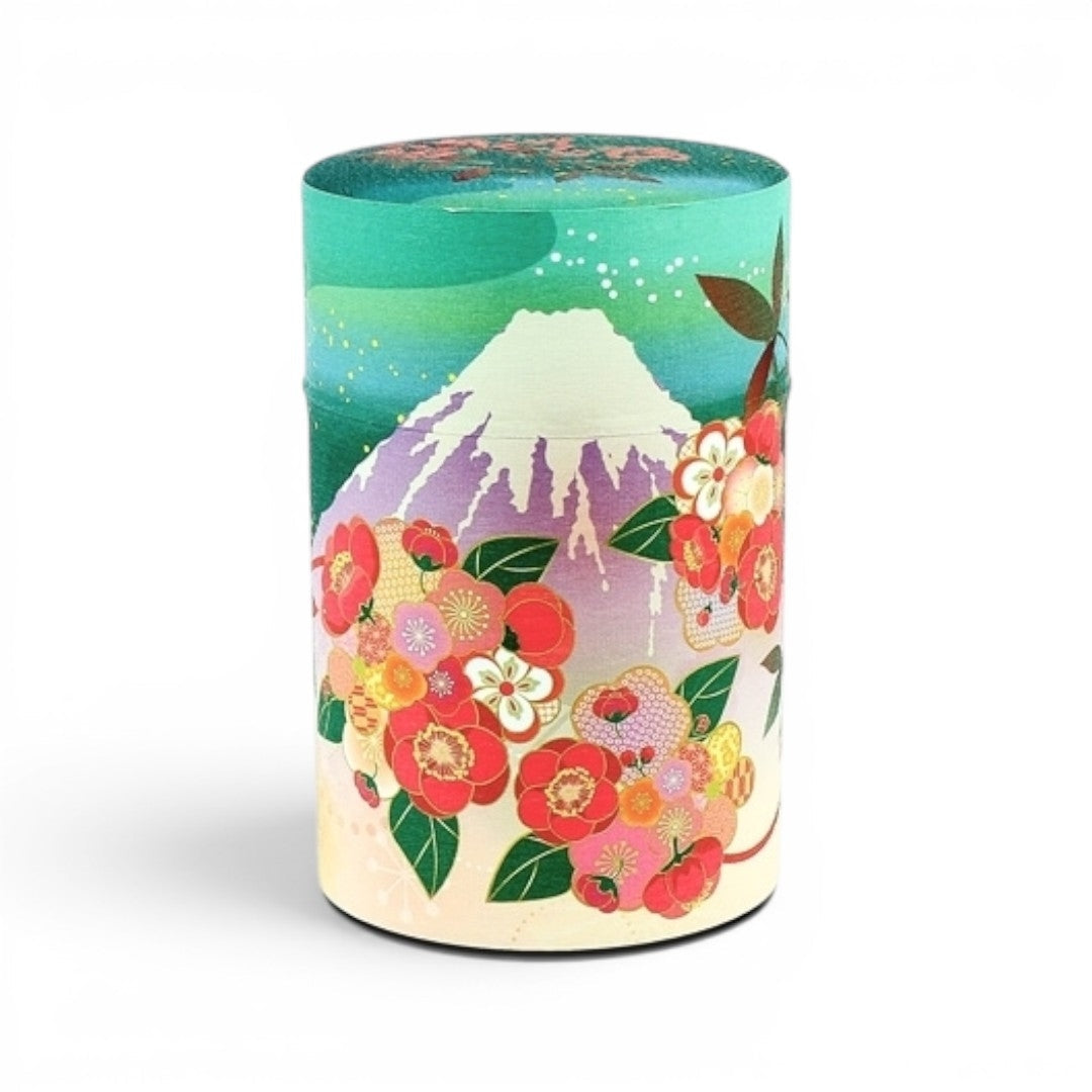 Boîte à thé Yugen lab Fujisan verte en fer blanc et papier washi avec motif mont Fuji et fleurs japonaises