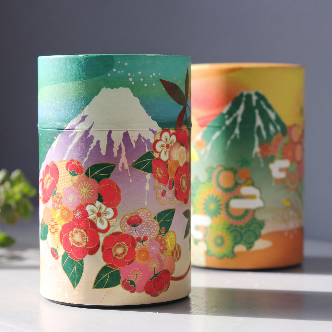 Boîtes à thé Yugen lab Fujisan en fer blanc et papier washi avec motifs du mont Fuji et fleurs japonaises