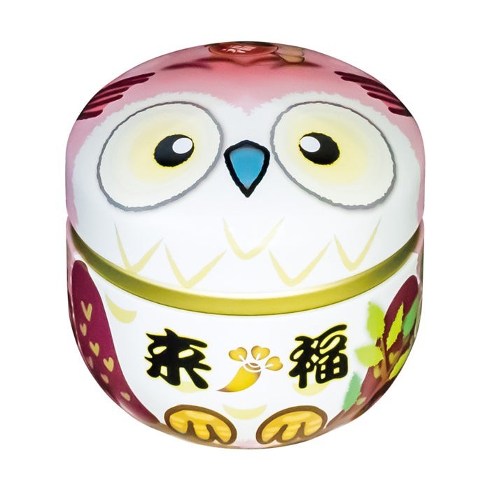 Boîte à thé Yugen lab SUZOKU rose en fer blanc, forme ronde avec motif hibou décoratif et détails floraux