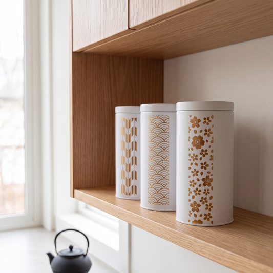 Trois boîtes à thé Yugen lab en fer blanc, motifs japonais dorés Sakura, Vague et Flèche sur fond blanc, sur étagère.