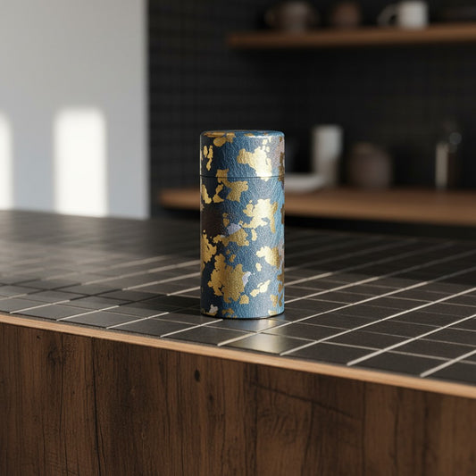 Boîte à thé Yugen lab japonaise cylindrique en papier bleu et doré avec motifs abstraits sur un comptoir de cuisine