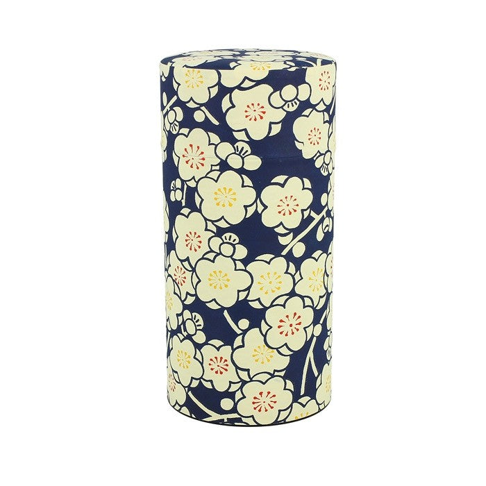 Boîte à thé japonaise Yugen lab bleue avec motif floral blanc et jaune pour conserver les feuilles de thé