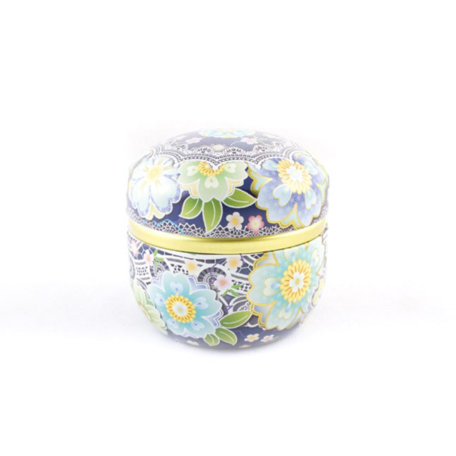 Boîte à thé japonaise Yugen lab bleue avec motifs floraux délicats et finition dorée pour conserver le thé