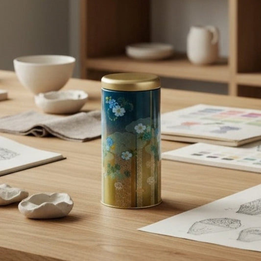 Boîte à thé Yugen lab cylindrique en fer blanc bleu et doré avec motifs floraux et géométriques japonais