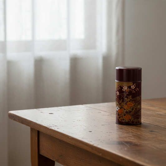 Boîte à thé Yugen lab en fer blanc bordeaux avec motifs floraux dorés et orangés, posée sur une table en bois.