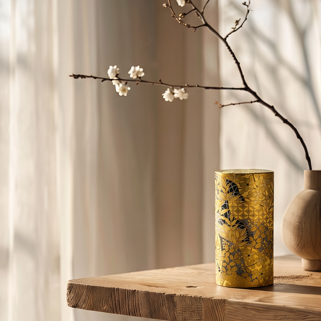 Boîte à thé Yugen lab cylindrique en fer et papier washi doré à motifs floraux japonais sur une table en bois.