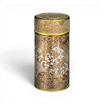 Boîte à thé japonaise Yugen lab en fer blanc cylindrique avec décor floral doré et cuivré raffiné