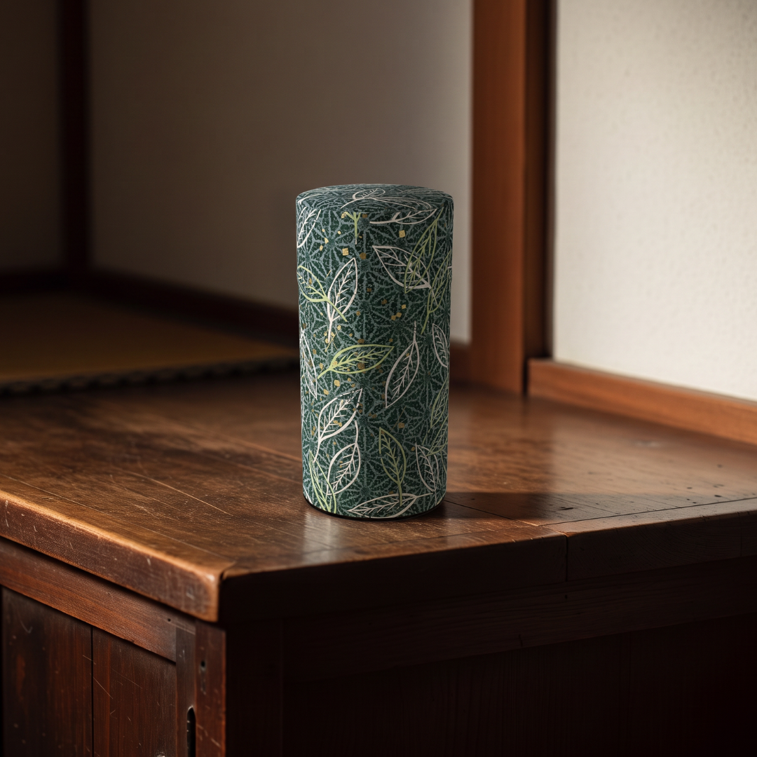 Boîte à thé japonaise Yugen lab en fer blanc et papier washi vert profond avec motif de feuilles délicates dorées.
