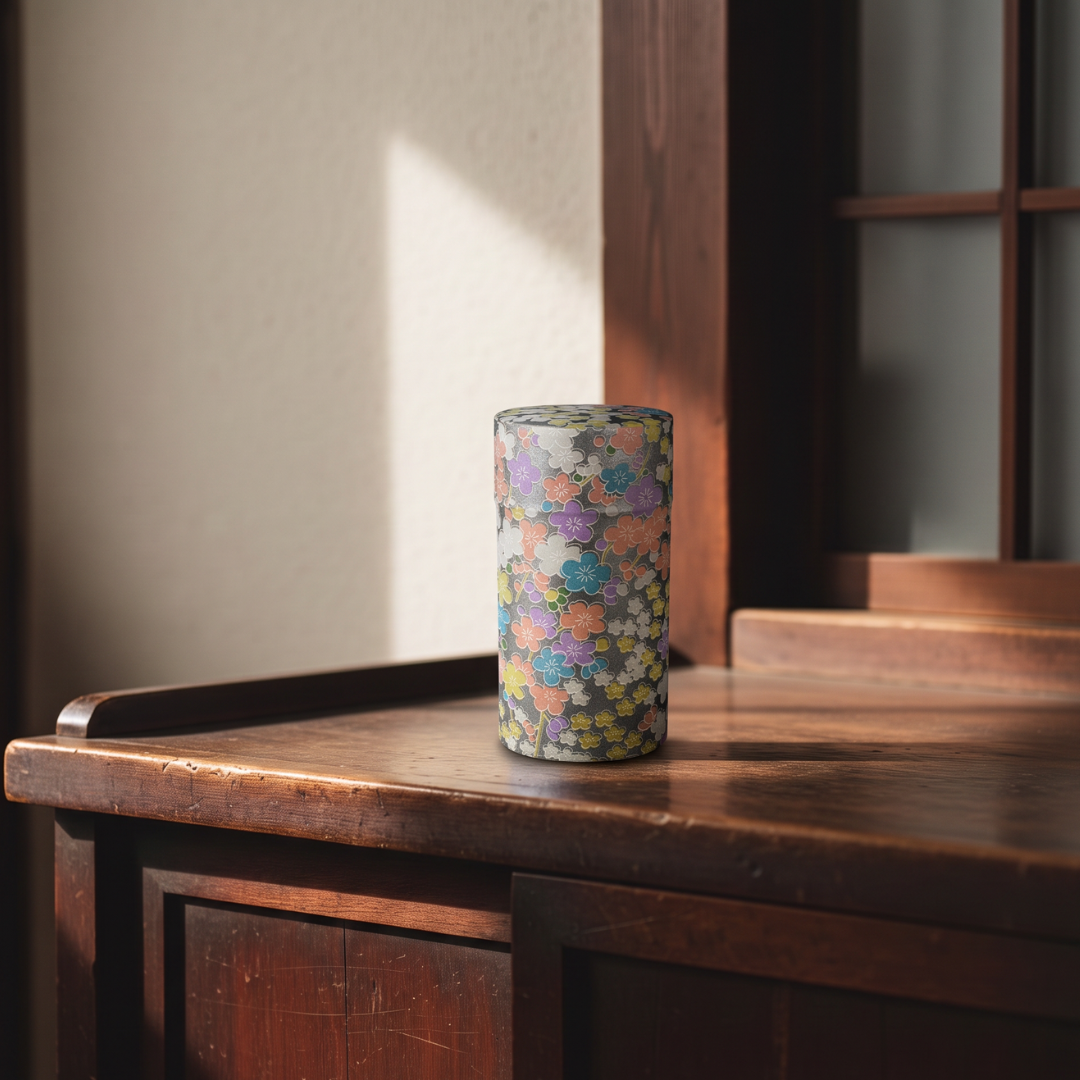 Boîte à thé japonaise Yugen lab en fer blanc et papier washi à motifs floraux pastel sur fond argenté