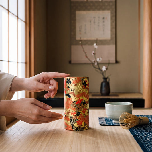 Boîte à thé japonaise Yugen lab rouge et dorée à motifs floraux posée sur une table en bois dans un intérieur zen.