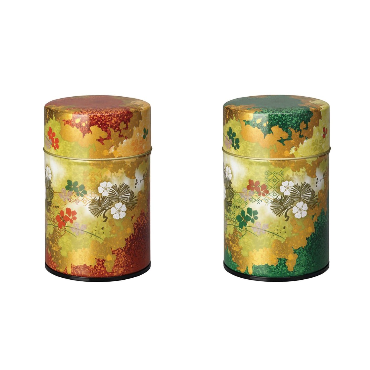 Deux boîtes à thé Yugen lab en fer blanc avec motifs floraux japonais, disponibles en rouge et vert, contenance 100g