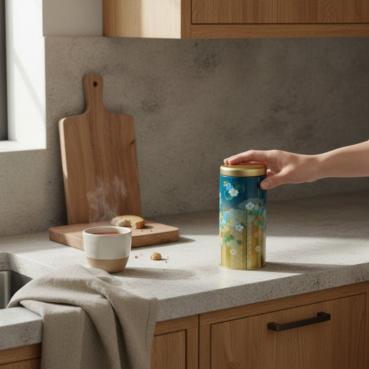 Boîte à thé japonaise Yugen lab en métal bleu et doré avec motifs floraux, posée sur un plan de travail de cuisine.