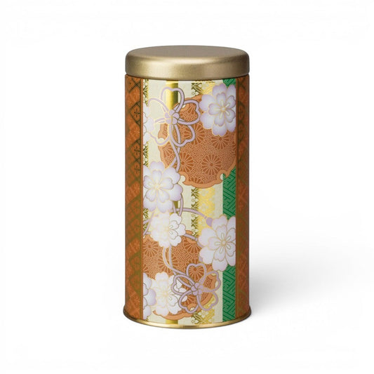 Boîte à thé japonaise Yugen lab en métal orange avec motifs floraux délicats et couvercle hermétique doré