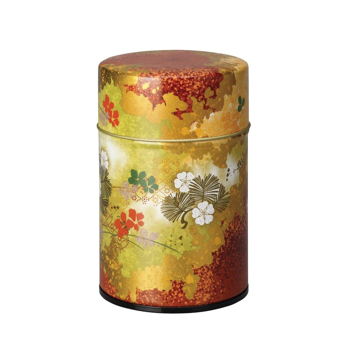 Boîte à thé Yugen lab cylindrique en fer blanc avec décor floral japonais rouge terre et doré, capacité 100g