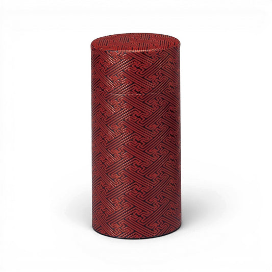 Boîte à thé japonaise Yugen lab rouge et noire avec motifs géométriques traditionnels en papier et fer blanc